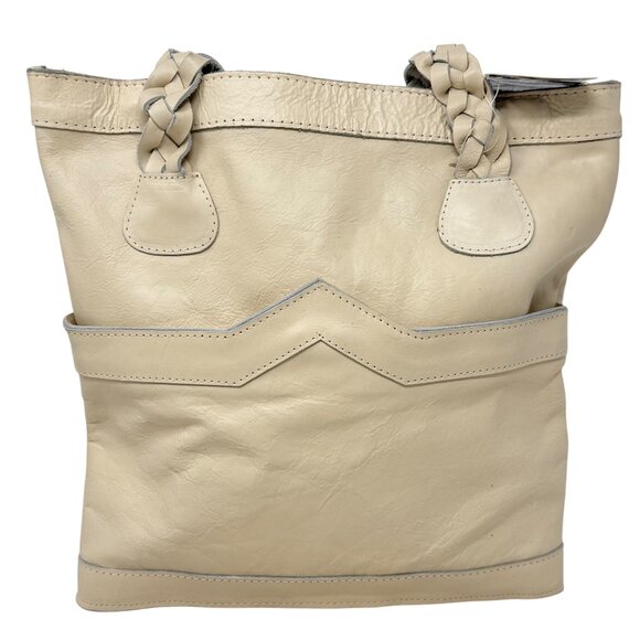 Vtg Sears Genuine Leather Shop Beige PUrse Tote Bag Braided Handles Hobo Bucket - Picture 3 of 13